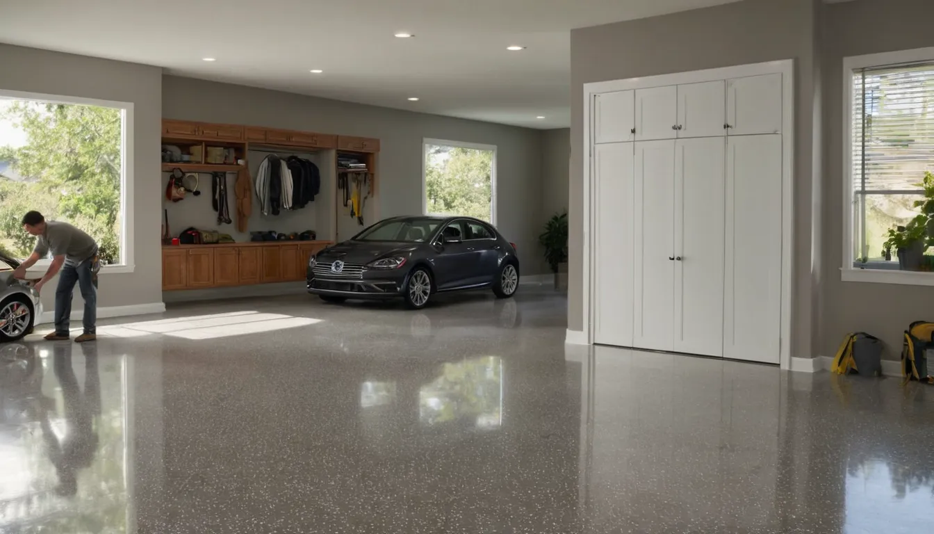 Freshly coated polyaspartic garage floor with gray and tan flakes in a Hamel home